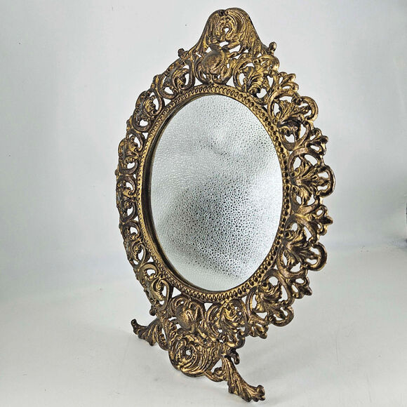 Vintage Iron art Gold Victorian Rococo Holywood Regency Table Vanity Mirror - Picture 2 of 4